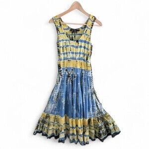 Double Decker Tie Dye Tiered Maxi Dress Blue Yellow Medium